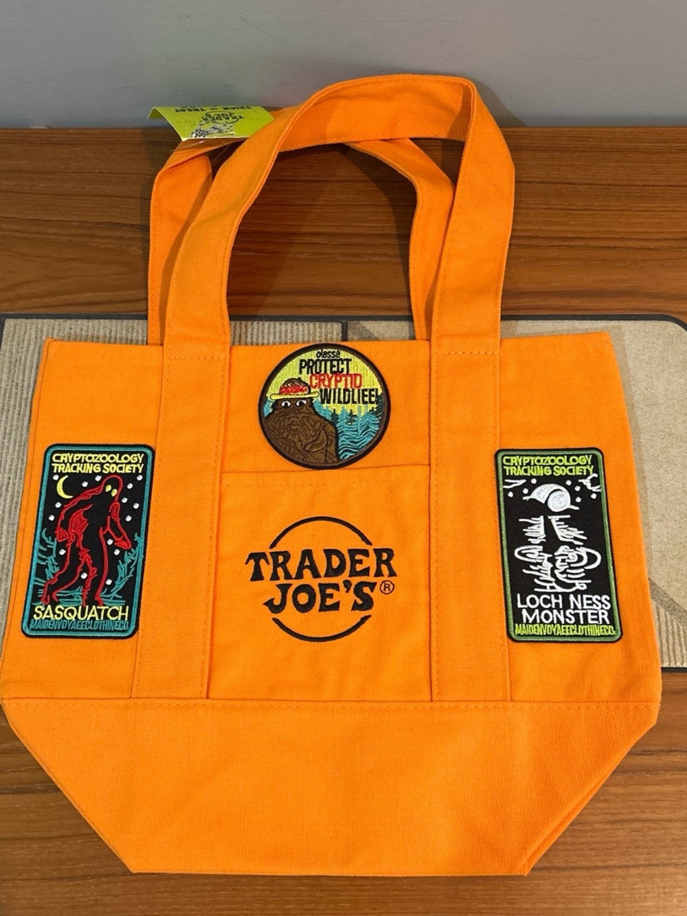 Upcycled Trader Joe's Orange Canvas Tote Bag with Cryptid Patches